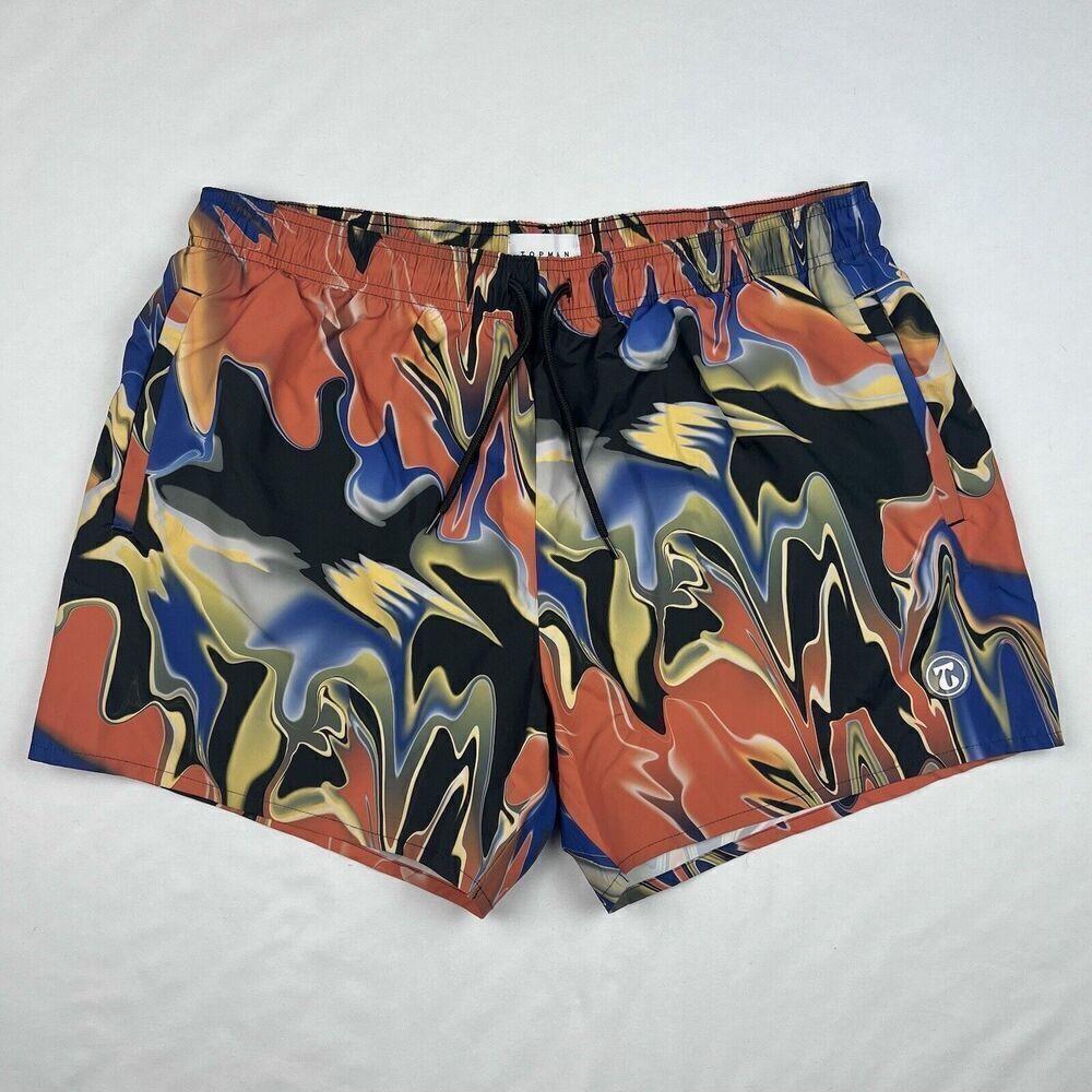 New Topman ASOS XL Print Drawstring Pocket Blue Orange Swim Trunks
